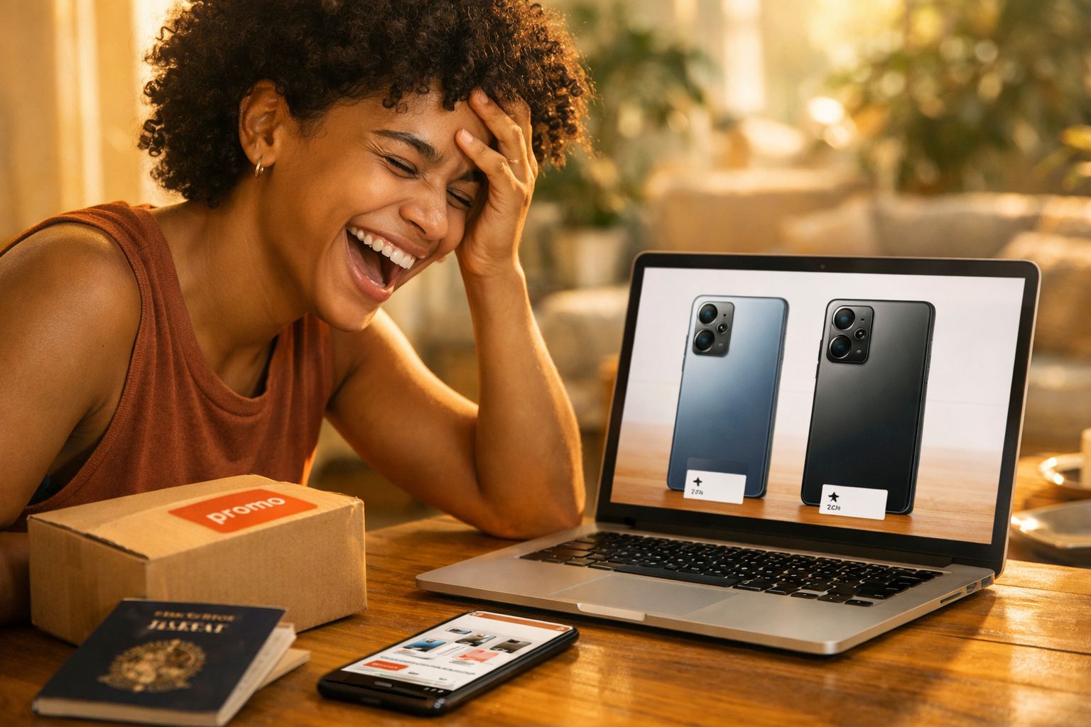 Mulher sorrindo ao lado de caixa promocional vendo dois celulares exibidos na tela de um laptop.