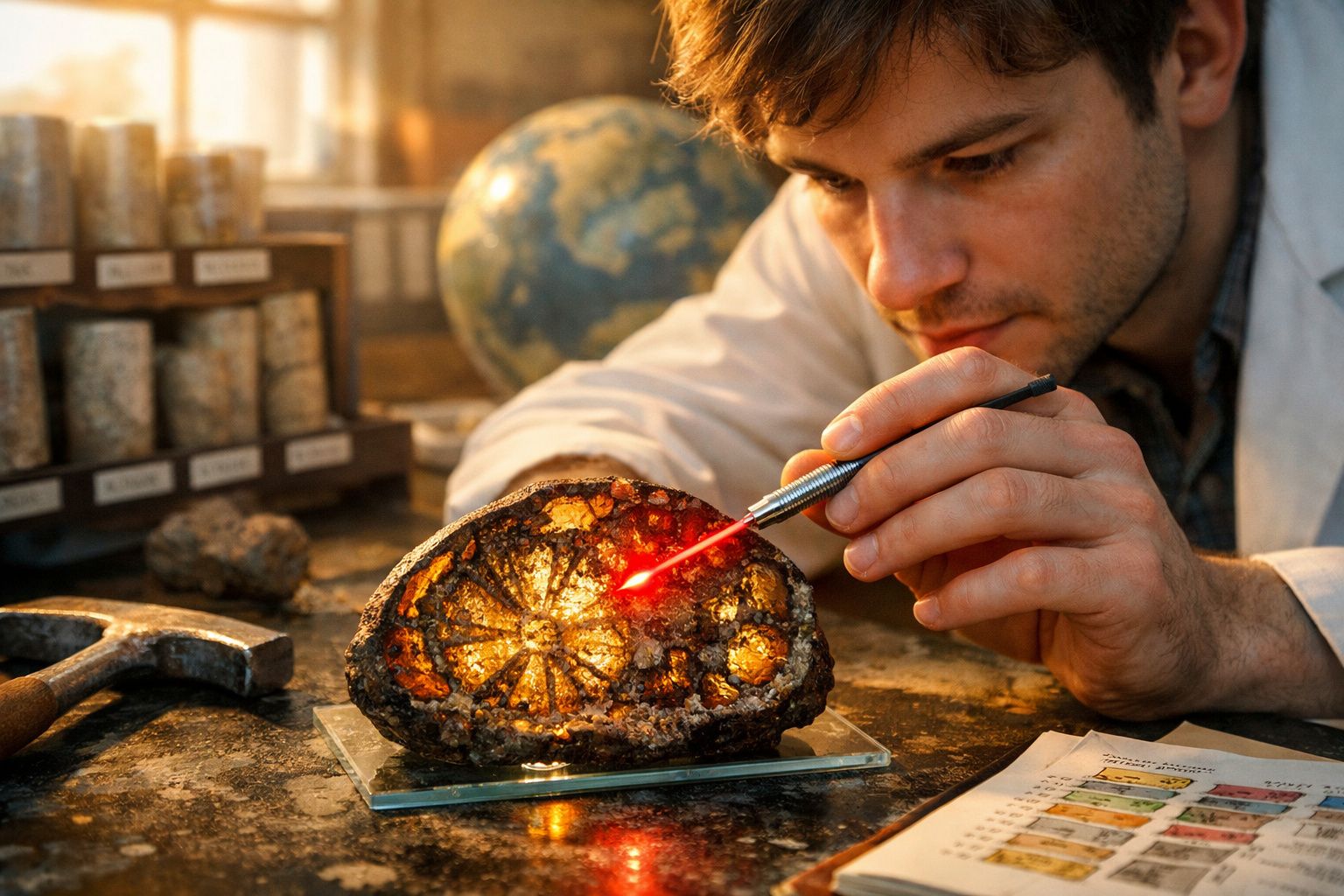 Cientista examina fóssil iluminado com laser em laboratório cheio de rochas e ferramentas.