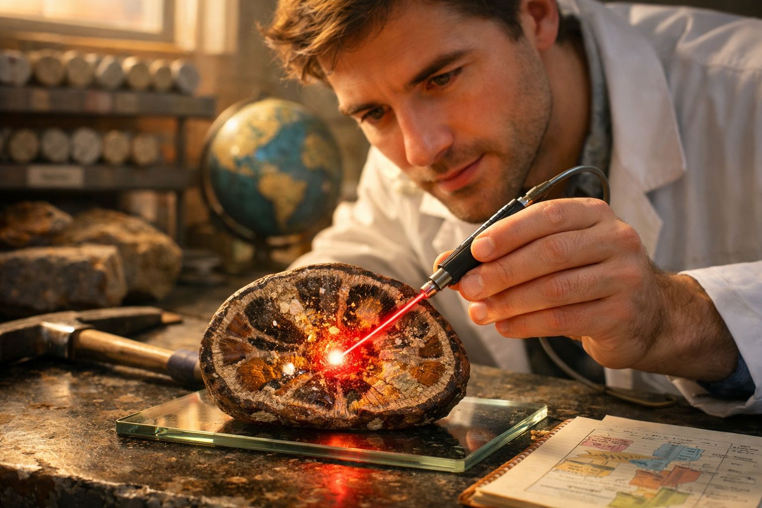Homem analisa fóssil com ferramenta de laser em laboratório de geologia.