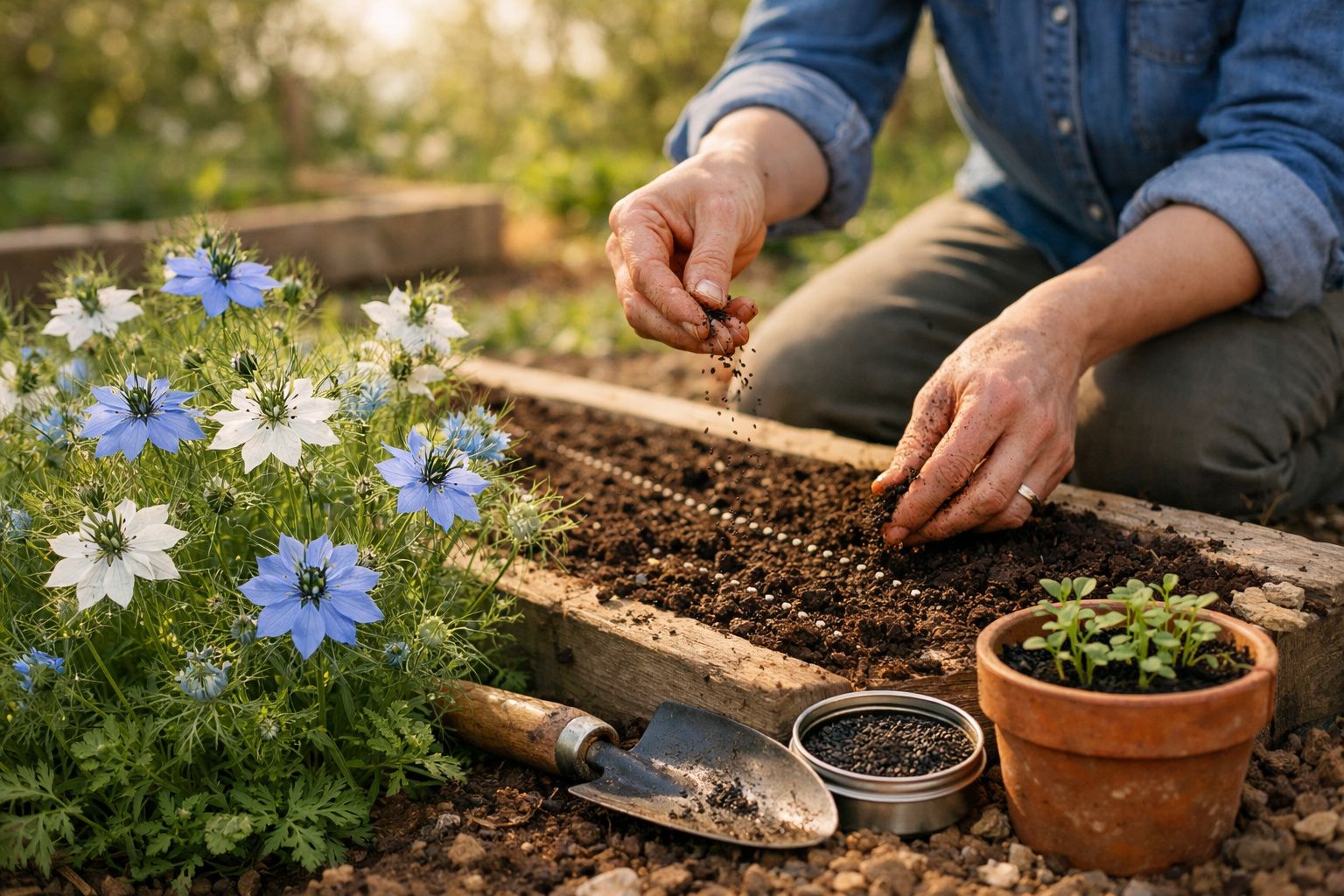 Pessoa sem rosto semeando sementes em canteiro de madeira ao lado de flores azuis e brancas e vaso com mudas.