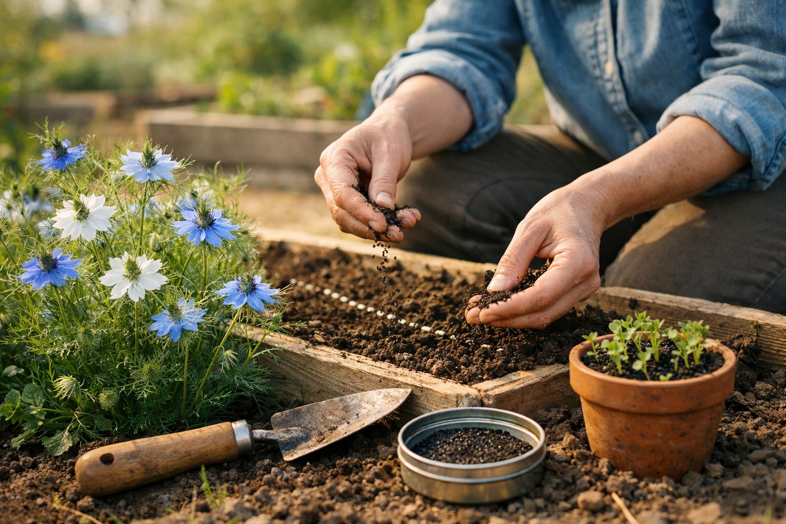 Pessoa sem rosto plantando sementes em canteiro de madeira ao lado de flores lilases e ferramenta de jardim.