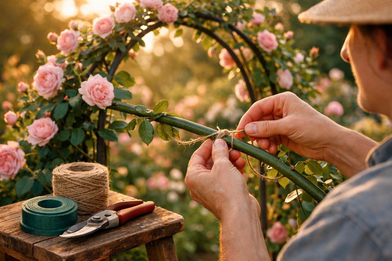 Pessoa amarrando corda em haste de rosa trepadeira com flores rosa e ferramentas de jardinagem ao lado
