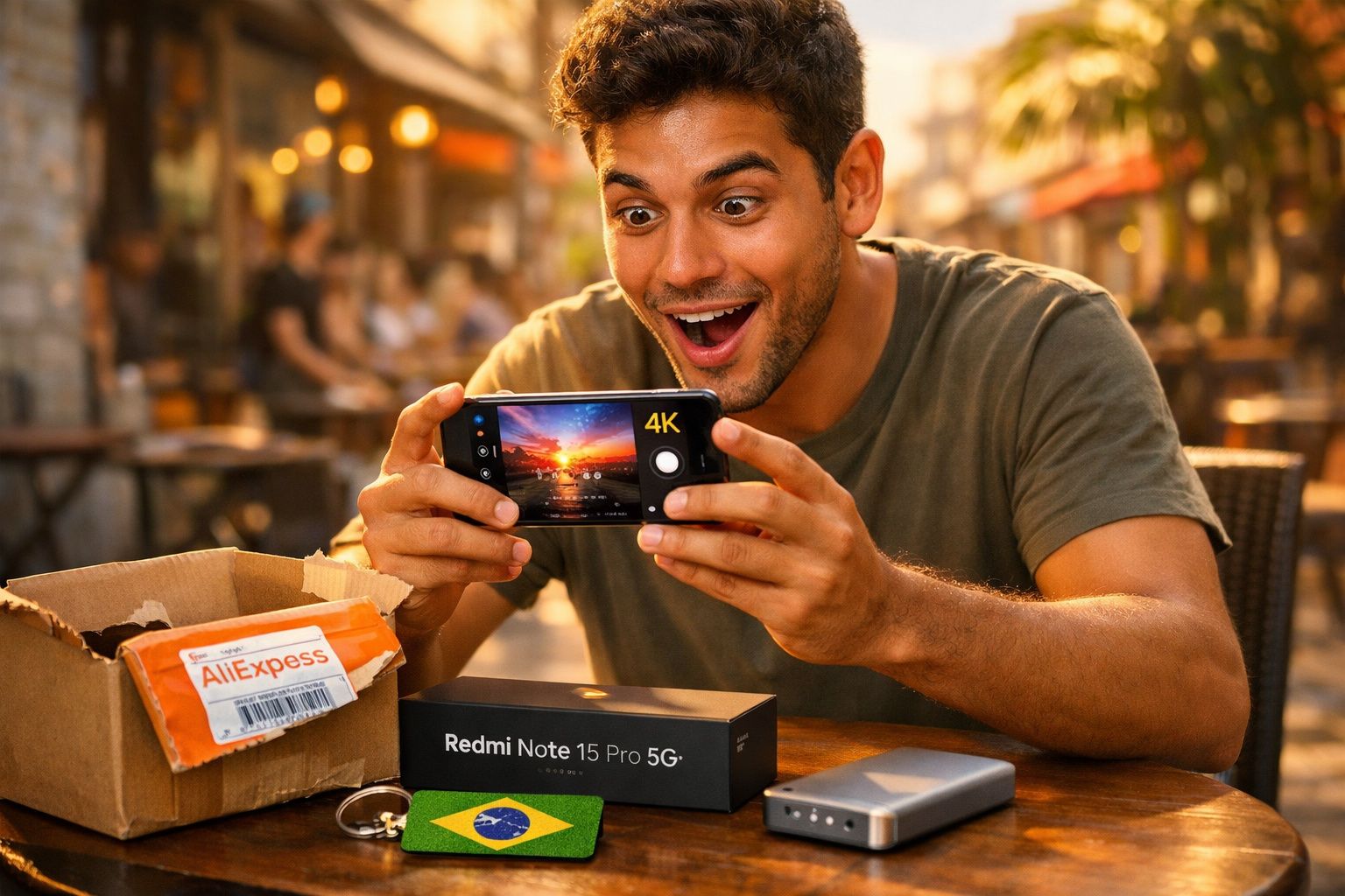 Jovem surpresa grava vídeo com celular Redmi Note 15 Pro 5G recém adquirido em ambiente iluminado.