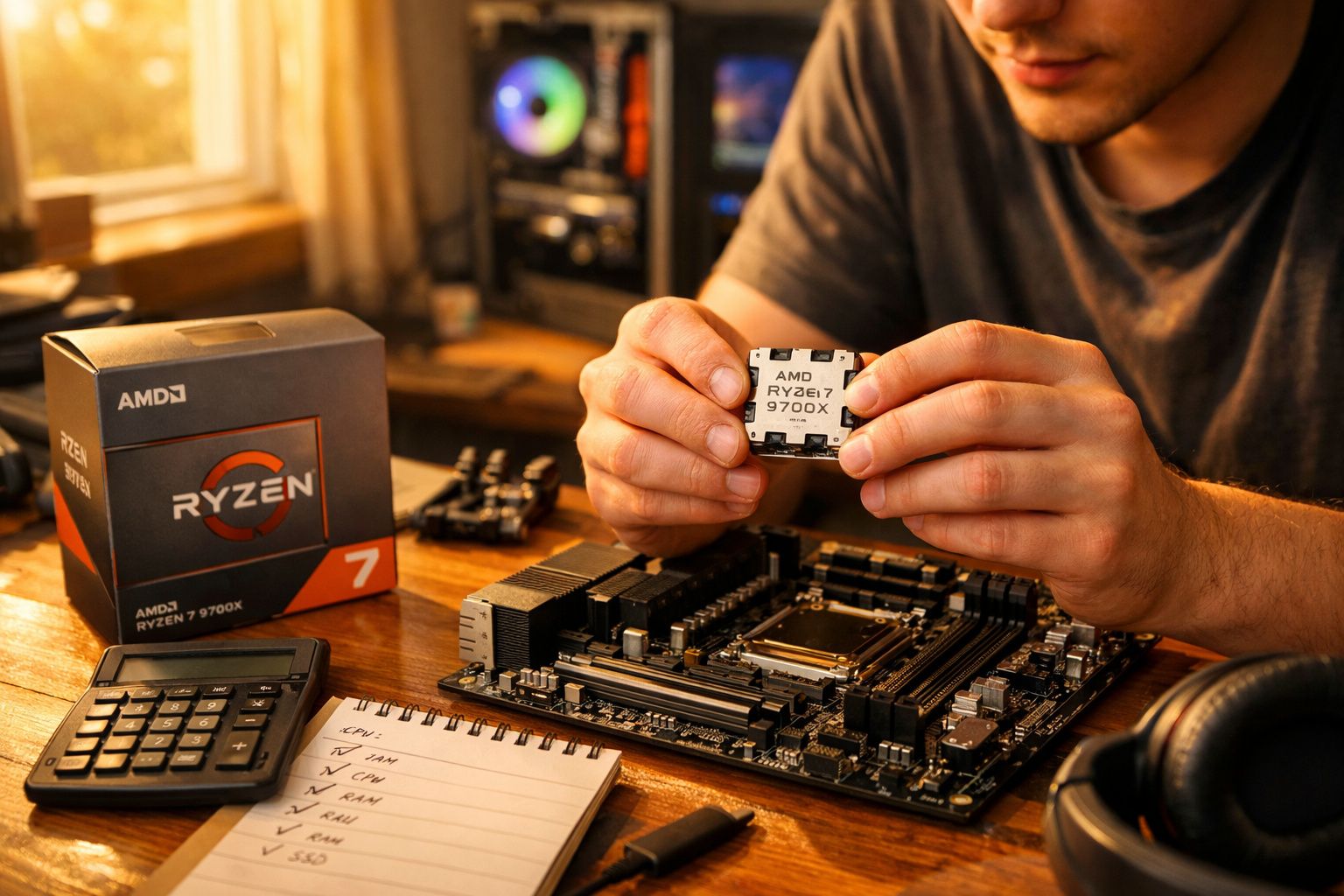 Pessoa segurando processador AMD Ryzen 7 9700X com placa-mãe, caixa, calculadora e caderno sobre mesa.