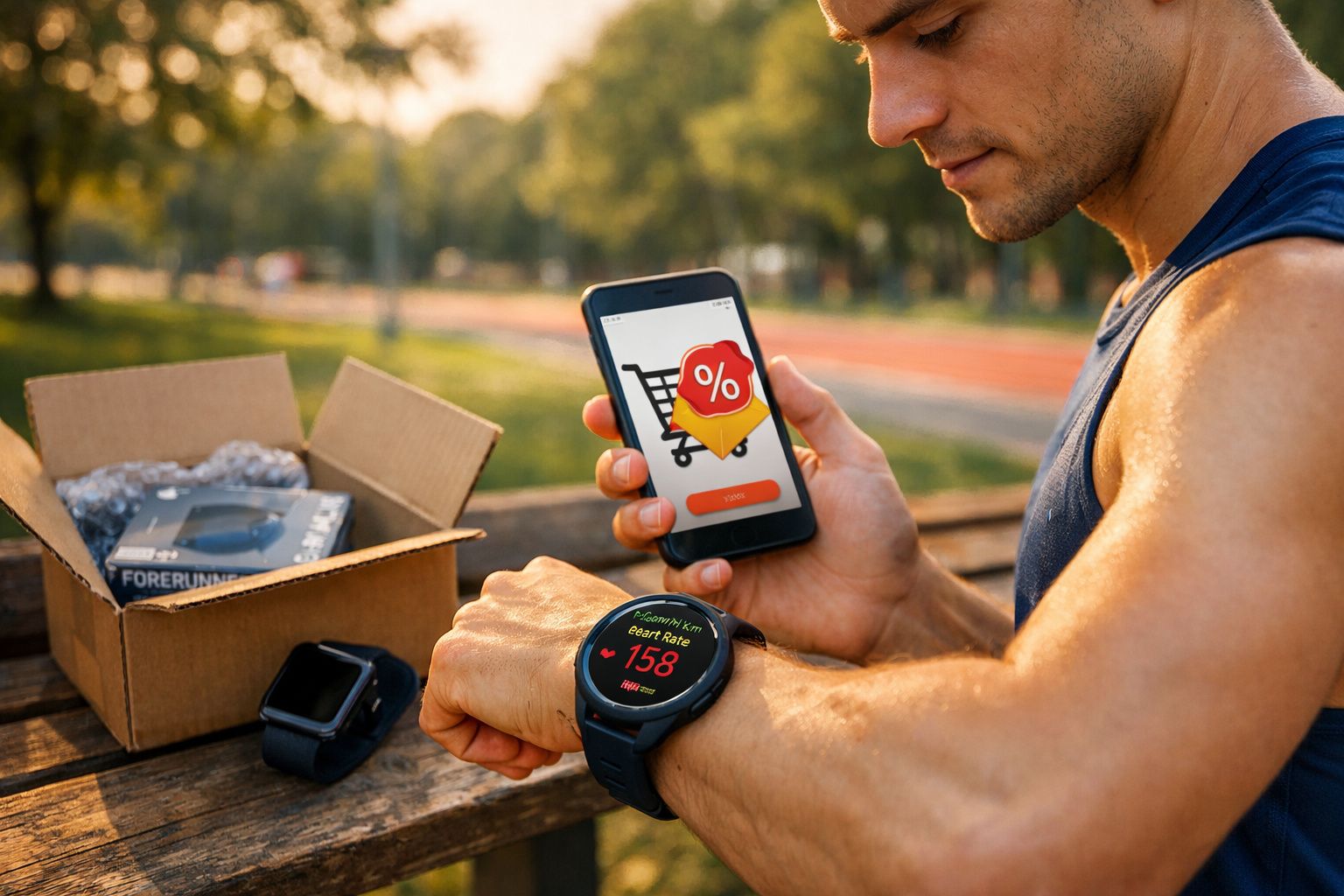 Homem usando relógio esportivo verifica frequência cardíaca enquanto segura celular com promoção de desconto na tela.