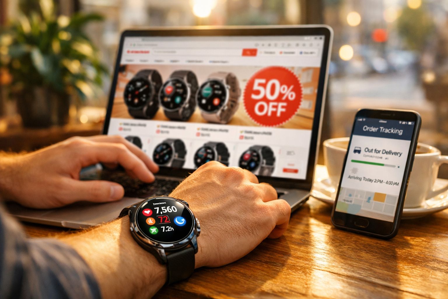 Pessoa usando relógio inteligente e laptop com site de venda e desconto de 50%, ao lado de celular com rastreamento.