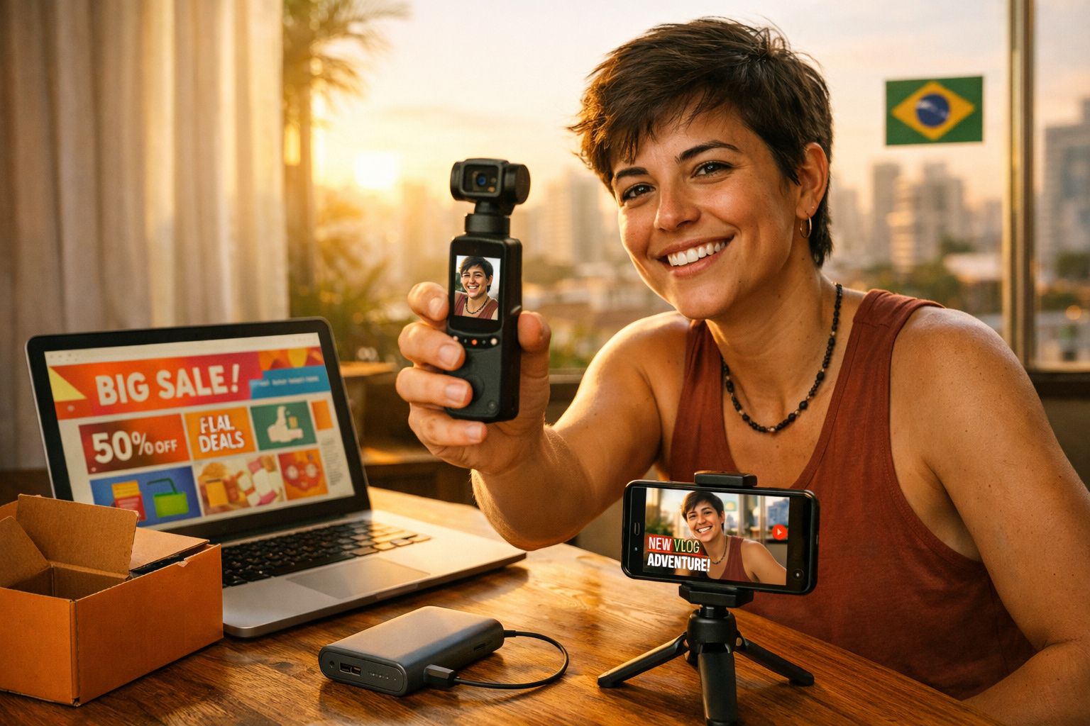 Mulher sorridente grava vlog com câmera, celular e laptop em mesa, com janela ao fundo e bandeira do Brasil.
