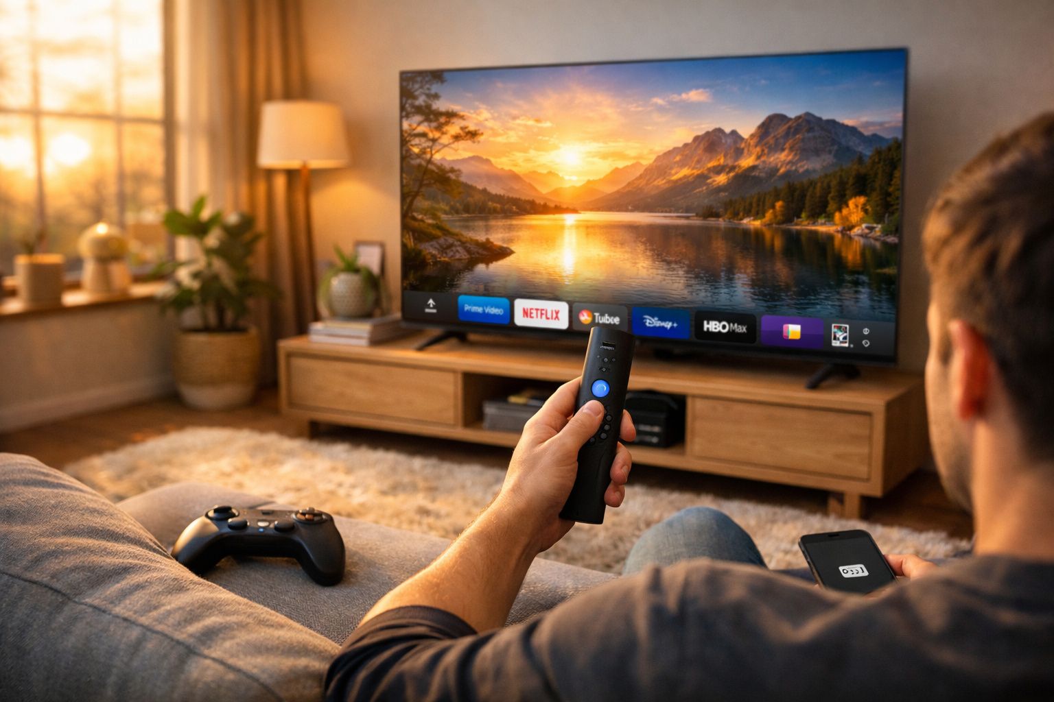 Pessoa com controle remoto assistindo TV com menu de streaming em sala de estar iluminada pelo sol.