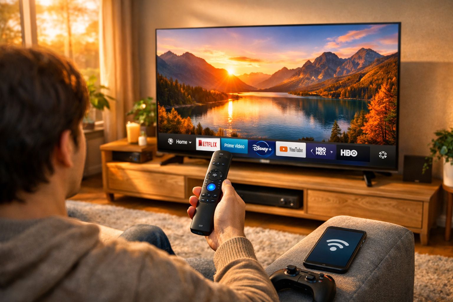 Pessoa usando controle remoto para navegar em serviços de streaming em TV grande com paisagem ao pôr do sol.
