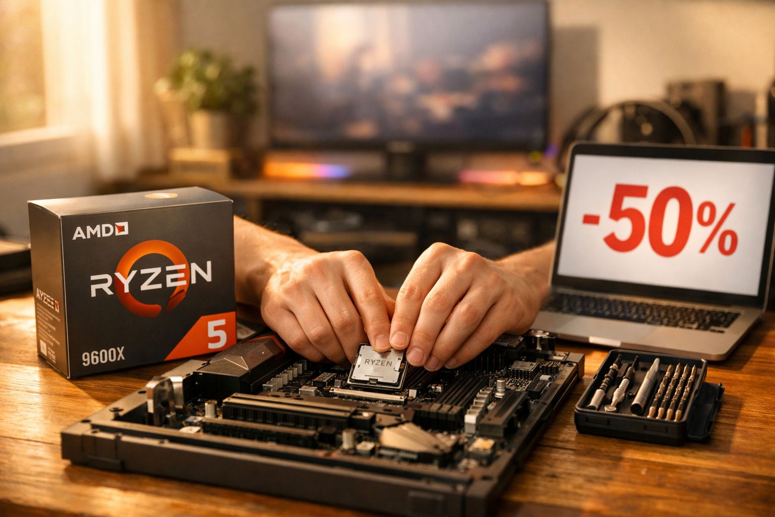 Mesa com processador AMD Ryzen 5 9600X sendo instalado em placa-mãe, caixa do processador e notebook com -50% na tela.
