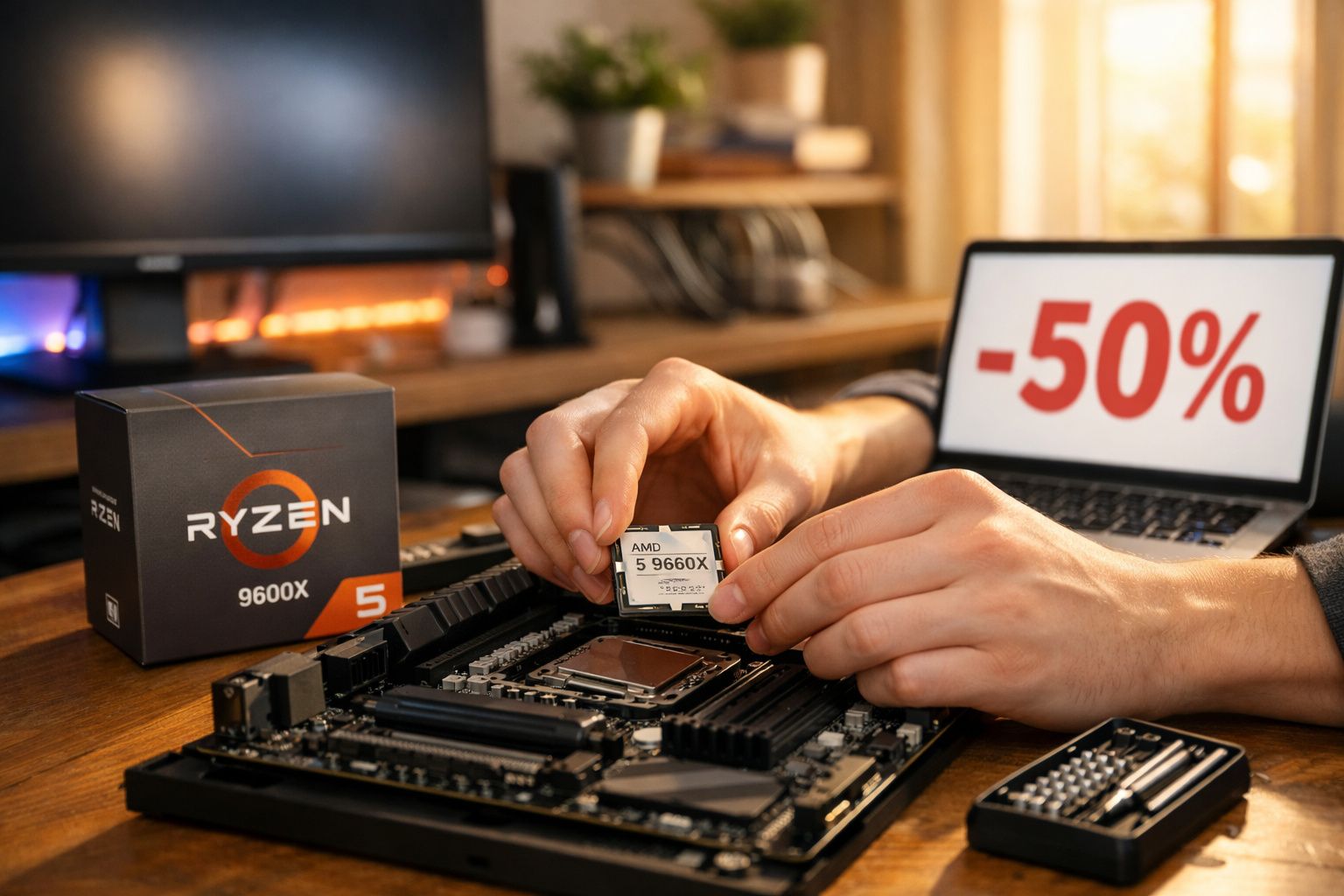 Pessoa segurando processador AMD Ryzen 5 9660X próximo da placa-mãe com caixa e laptop mostrando -50% desconto.