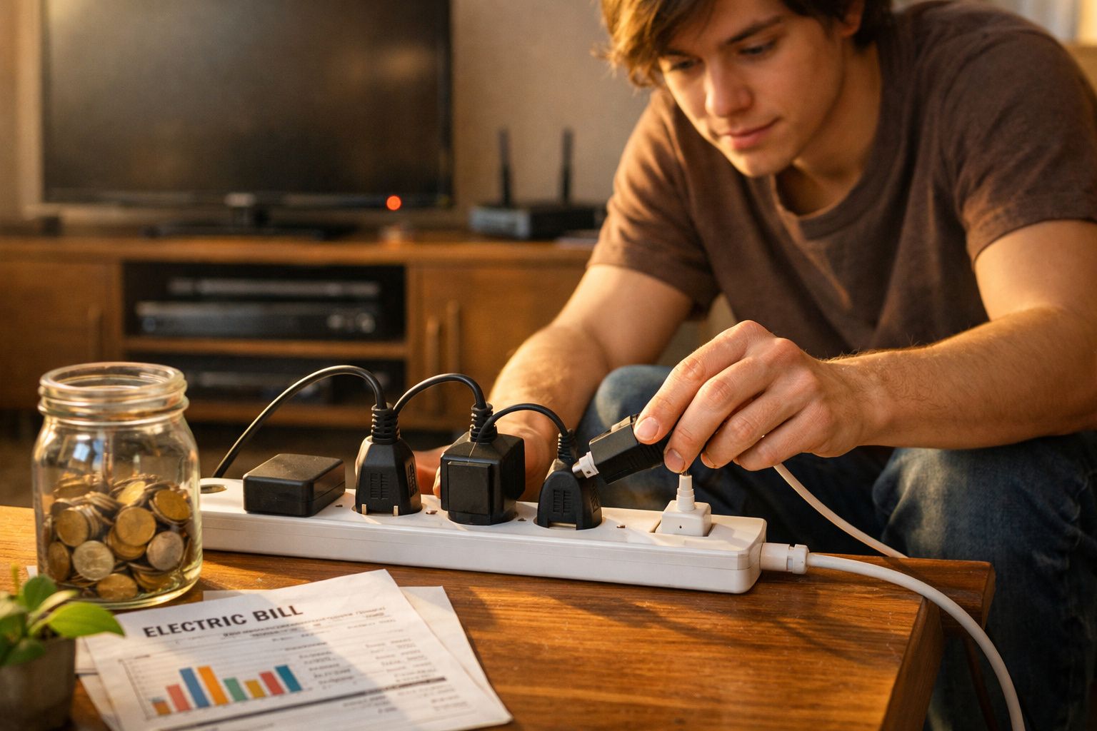 Homem conectando carregador a régua de energia próxima a conta de luz e pote com moedas na mesa.
