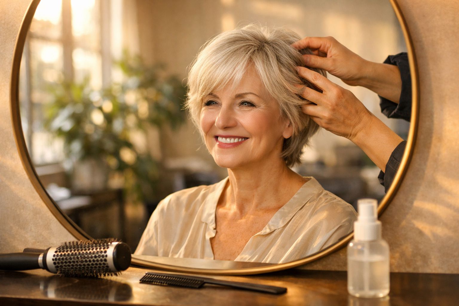 Mulher sorridente com cabelo curto sendo penteada em salão, refletida em espelho redondo.