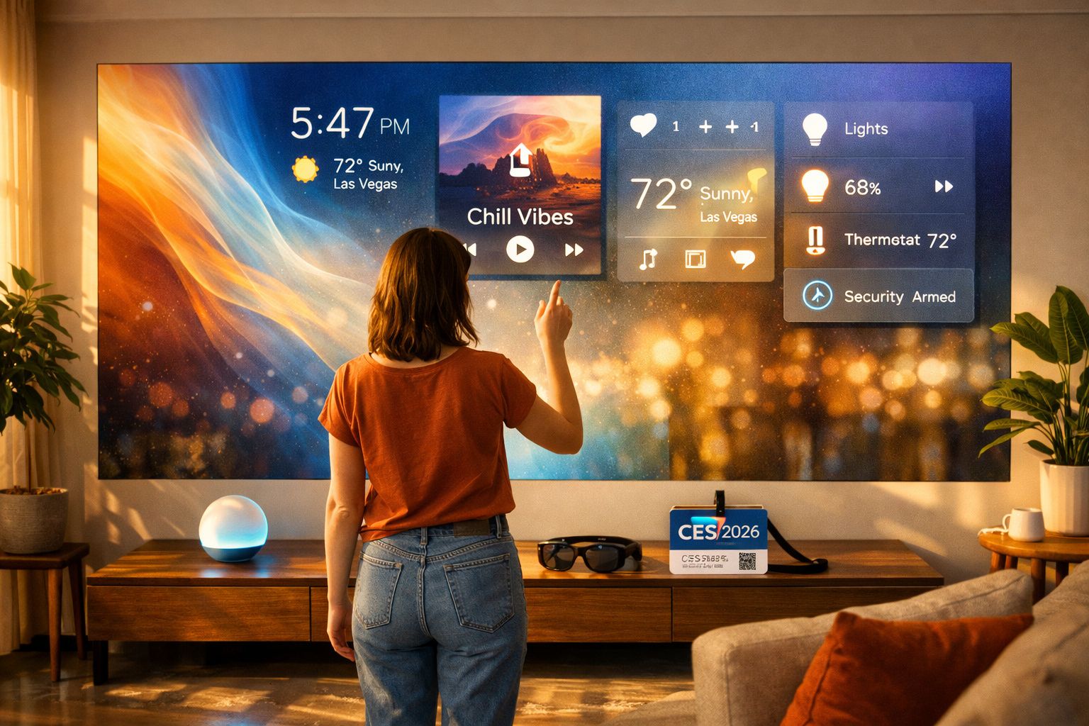 Pessoa interage com tela de controle inteligente exibindo clima, música e segurança em ambiente moderno.