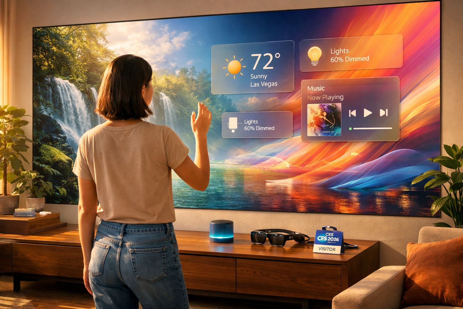 Mulher controla tela interativa futurista com clima, luzes e música em ambiente doméstico moderno.