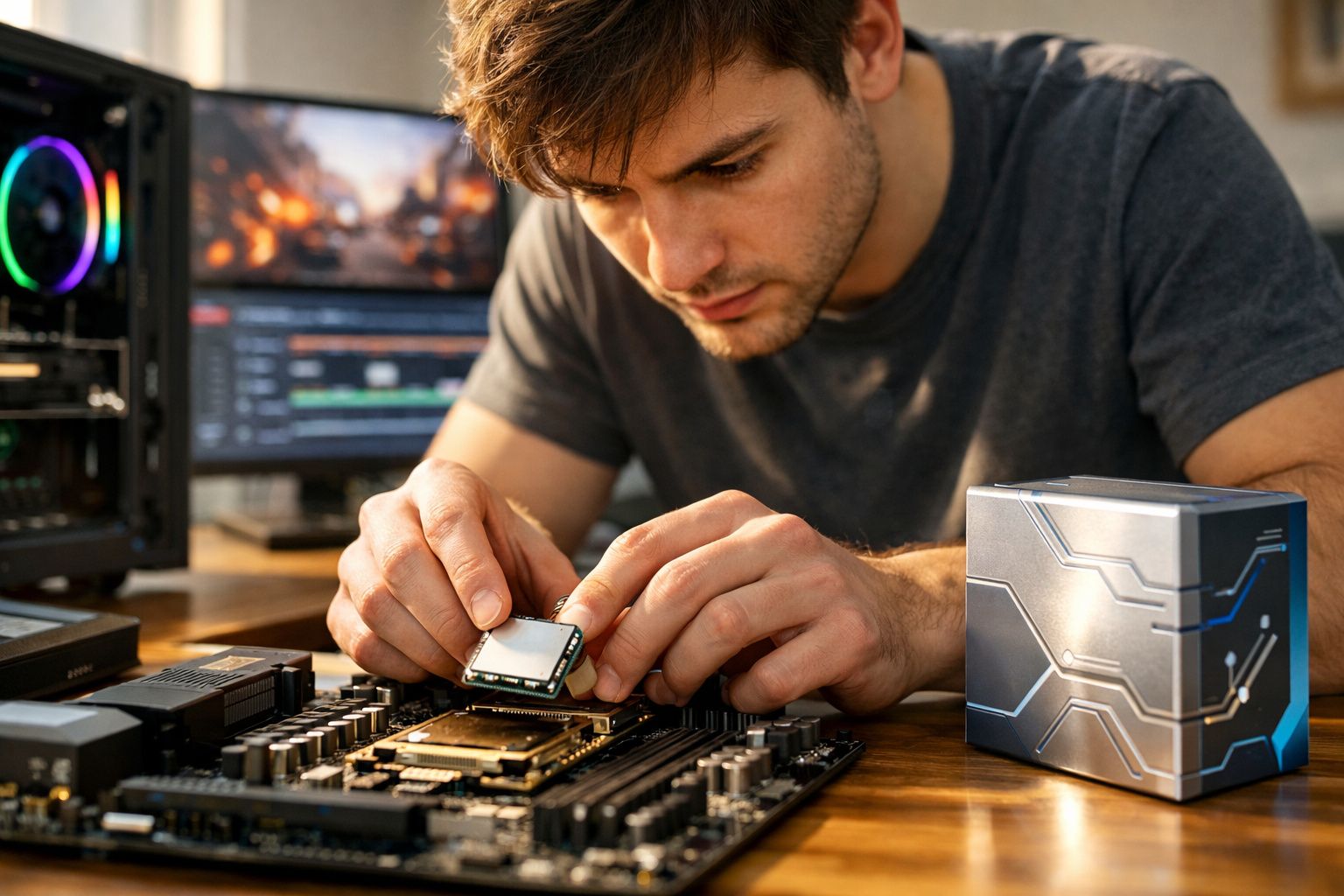 Homem instala processador em placa-mãe com computador e monitor ao fundo em mesa de madeira.