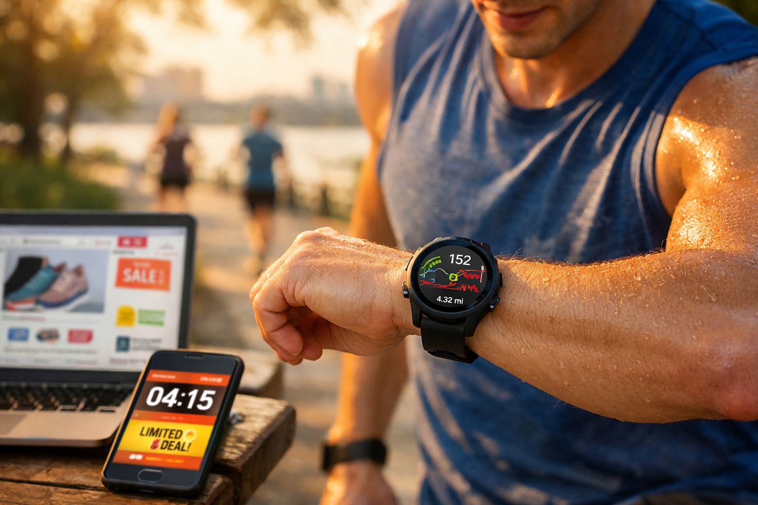 Homem suado checando ritmo cardíaco em relógio inteligente durante exercício ao ar livre.