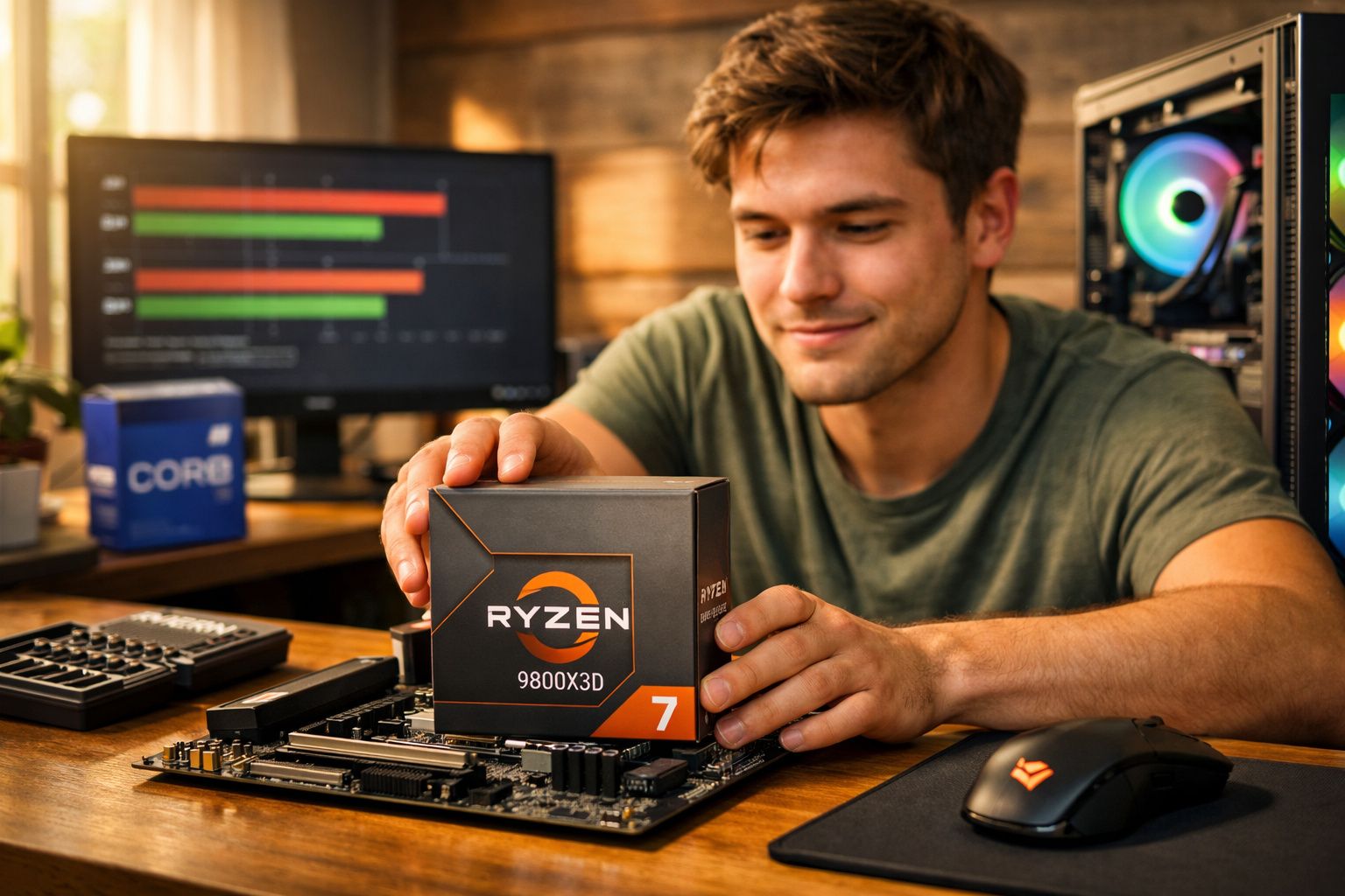 Jovem segurando processador AMD Ryzen 7 9800X3D sobre placa-mãe em mesa com computador ao fundo.