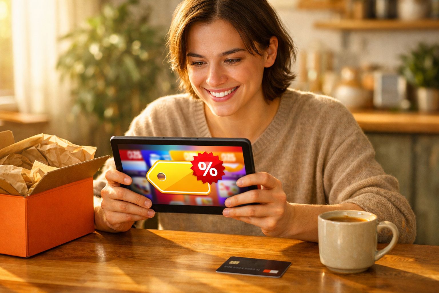 Mulher sorridente fazendo compras online com tablet mostrando etiqueta de desconto, café e caixa na mesa.