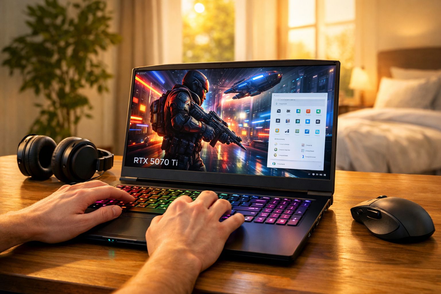 Mãos jogando em notebook com luzes RGB do teclado, imagem de jogo e mouse preto em mesa de madeira.