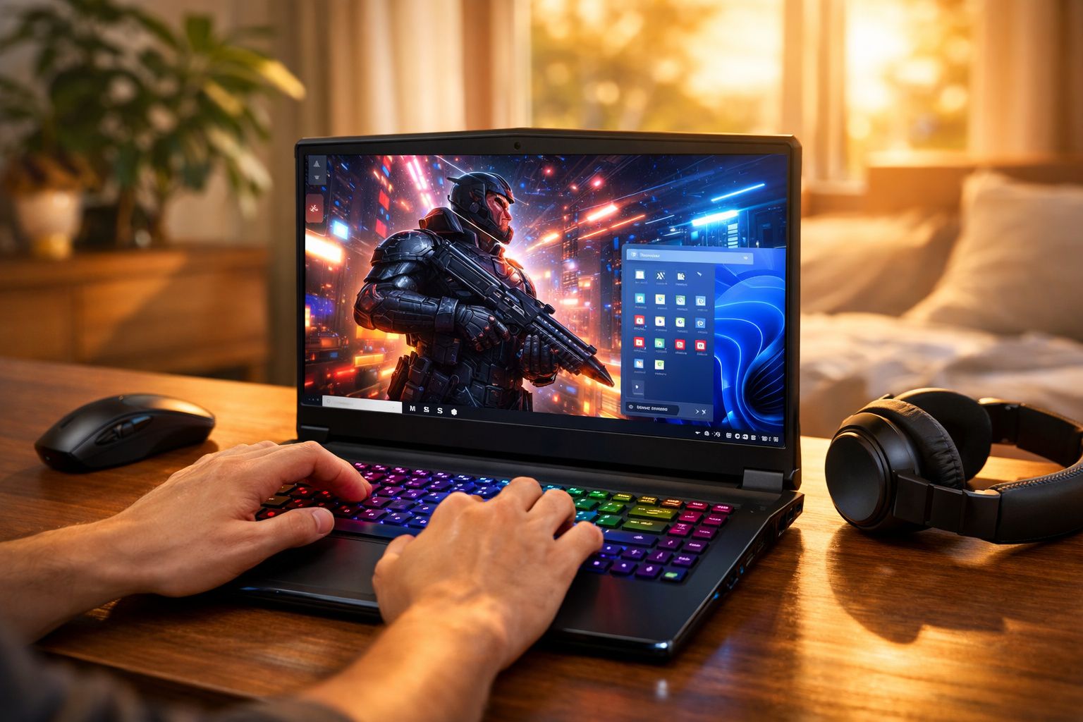 Pessoa jogando videogame em notebook com teclado RGB, mouse e fone de ouvido em mesa de madeira.