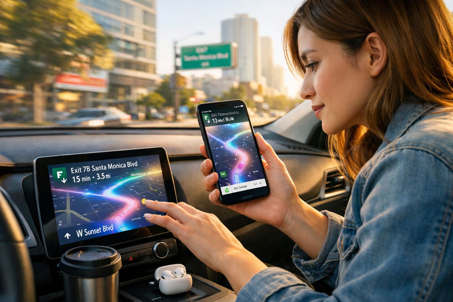 Mulher usando aplicativo de navegação no celular e no sistema do carro durante o dia.