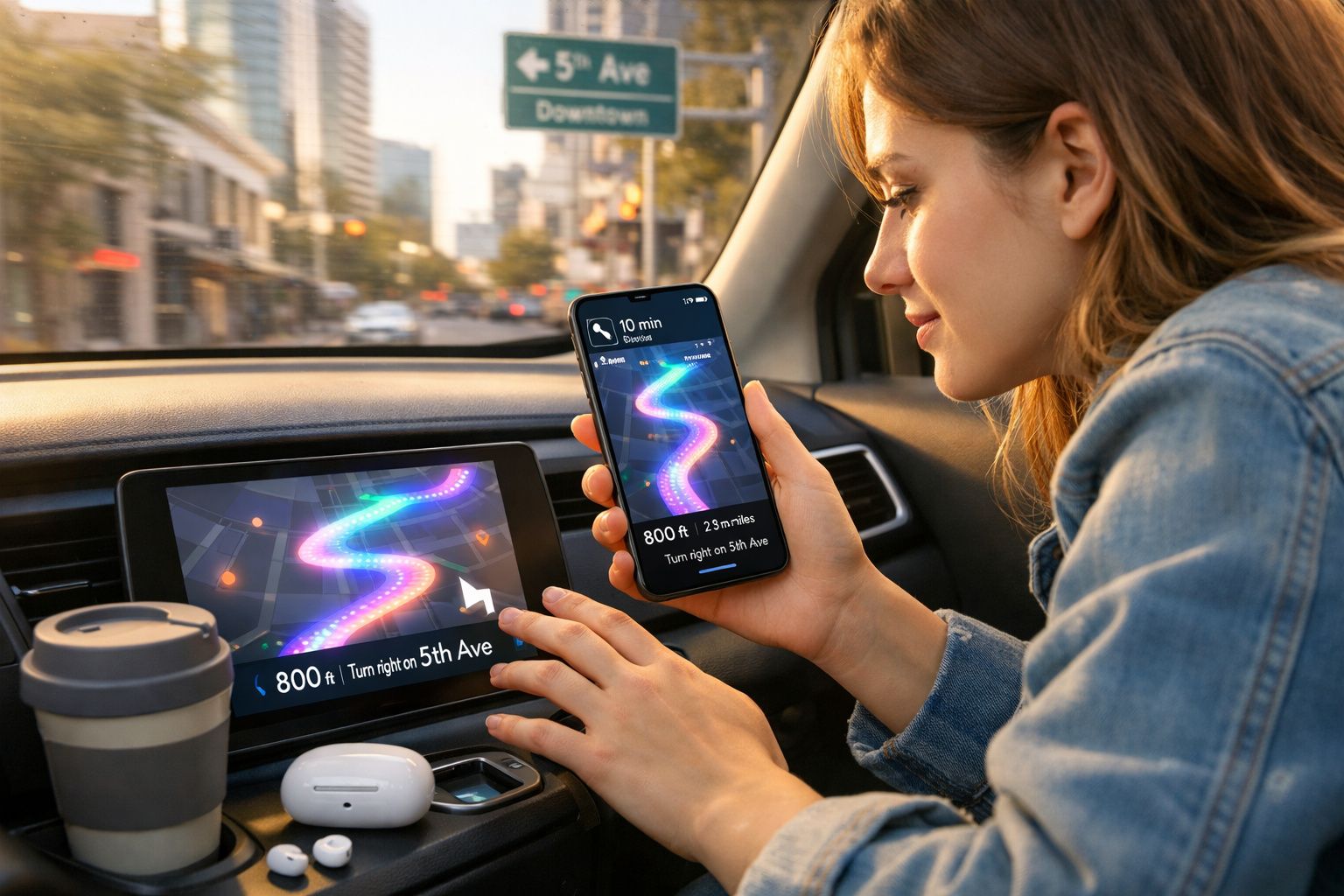 Mulher olhando mapas de navegação coloridos no celular e painel de carro urbano.