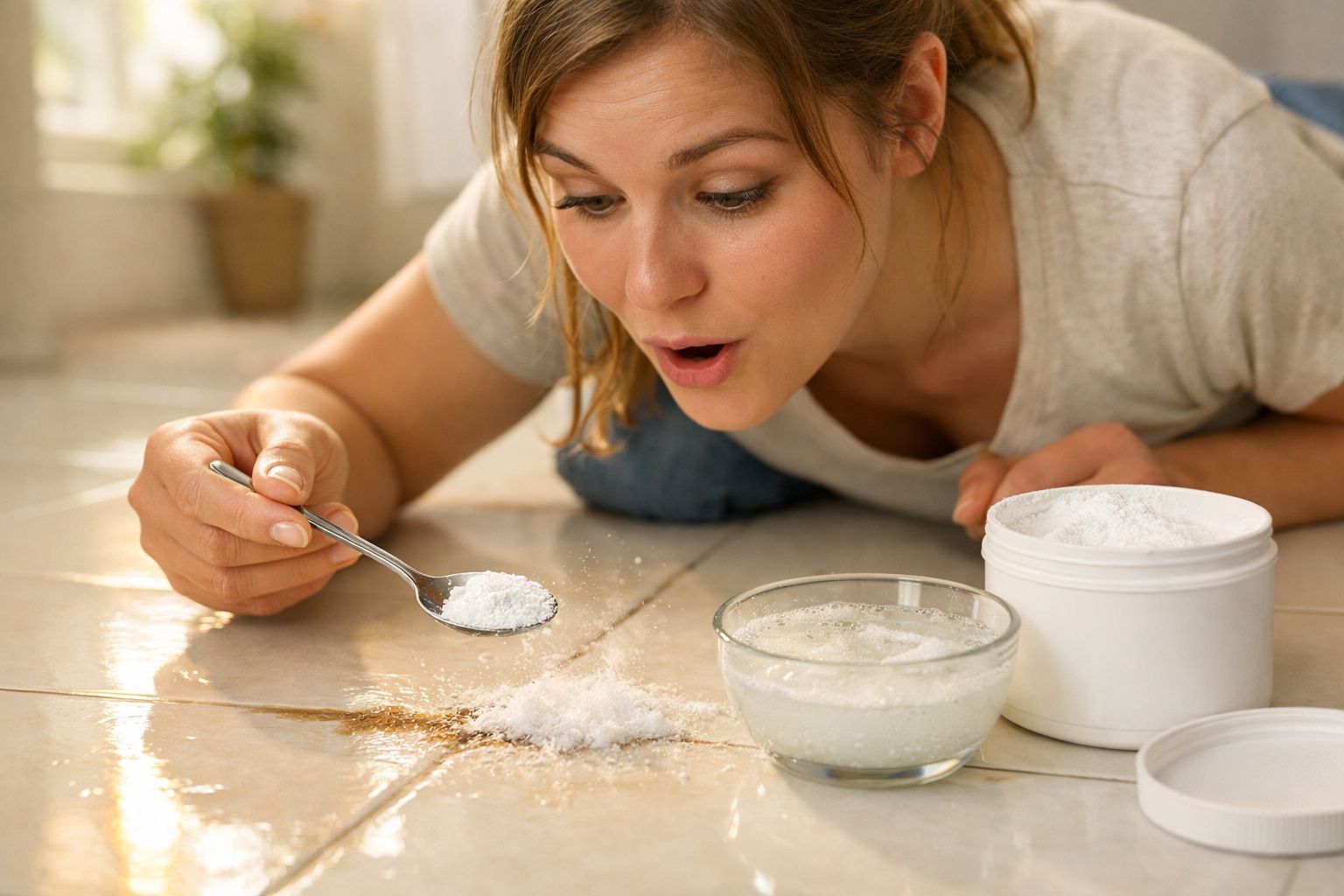 Mulher surpresa preparando mistura de bicarbonato de sódio com vinagre em chão de cerâmica.