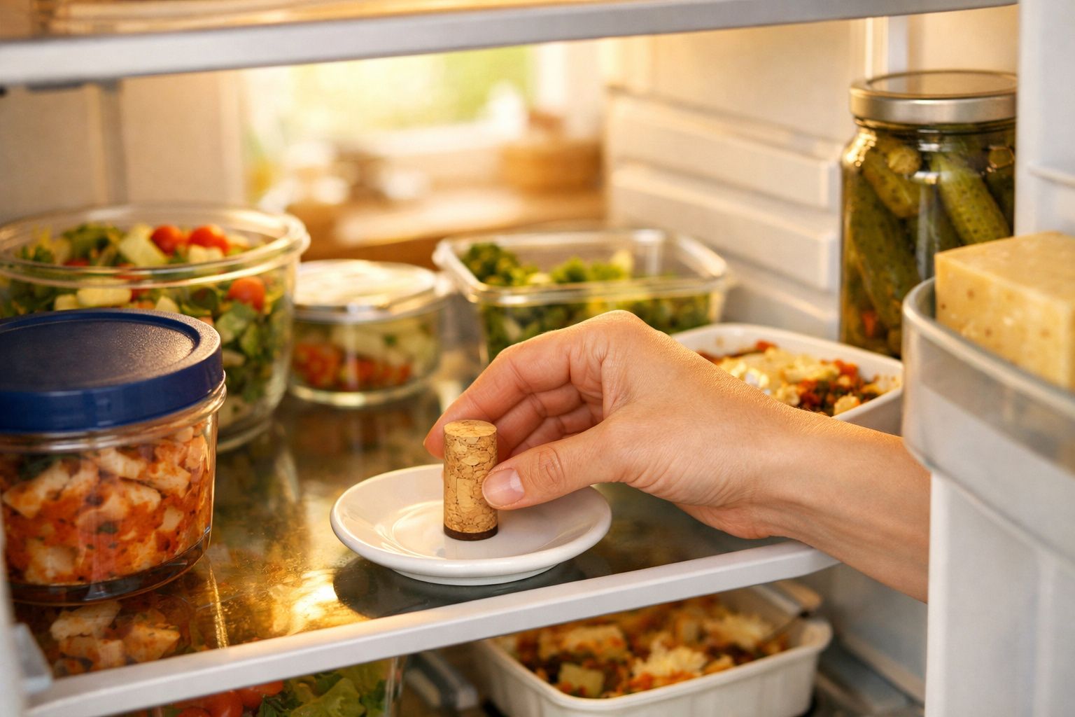 Mão segurando rolha de vinho em prato dentro de geladeira com potes de comida organizados.