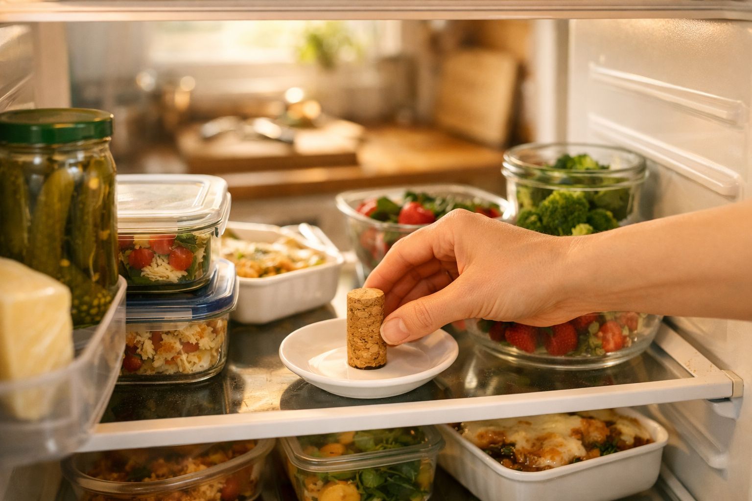 Mão feminina tirando rolha de garrafa em prato dentro de geladeira com potes de comida e vegetais.