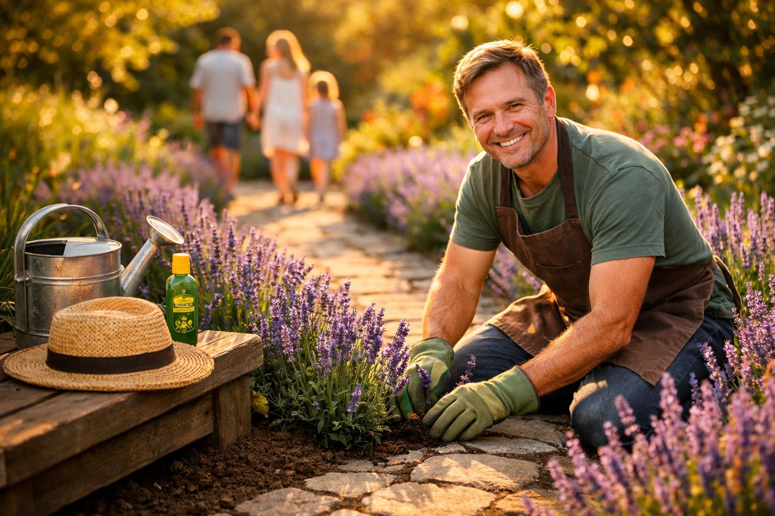 Homem sorridente cuidando de lavandas em jardim ensolarado com regador, chapéu e óleo ao lado.