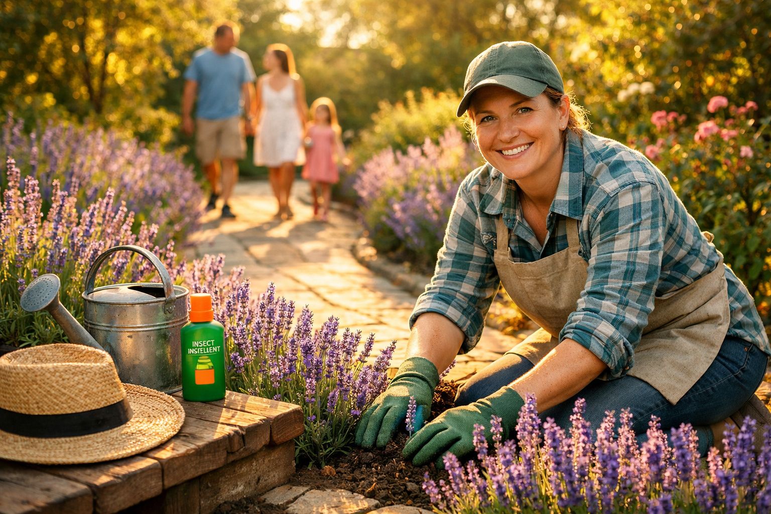 Mulher sorridente cuidando de flores roxas em jardim, com chapéu, regador e inseticida ao lado.