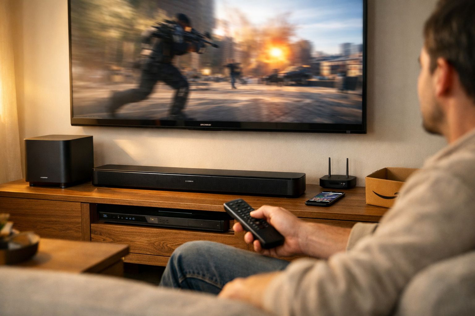 Homem assistindo jogo de tiro em TV com controle remoto em mão, som ambiente em móvel de madeira.