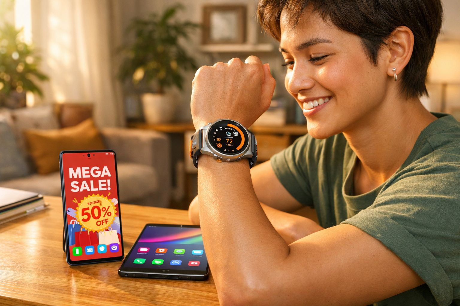 Pessoa sorrindo olha smartwatch, com smartphone e tablet em mesa mostrando promoção 50% off.