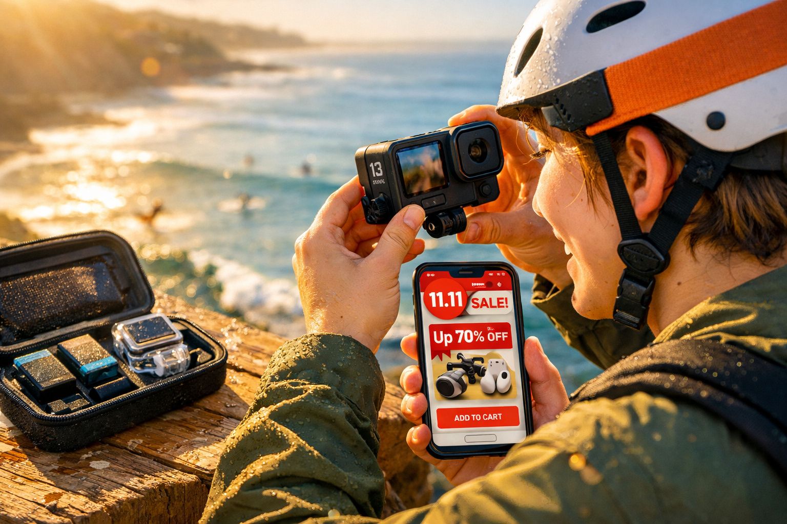 Pessoa com capacete segura câmera de ação e celular com promoção de até 70% de desconto na tela, ao lado de caixa com acessór