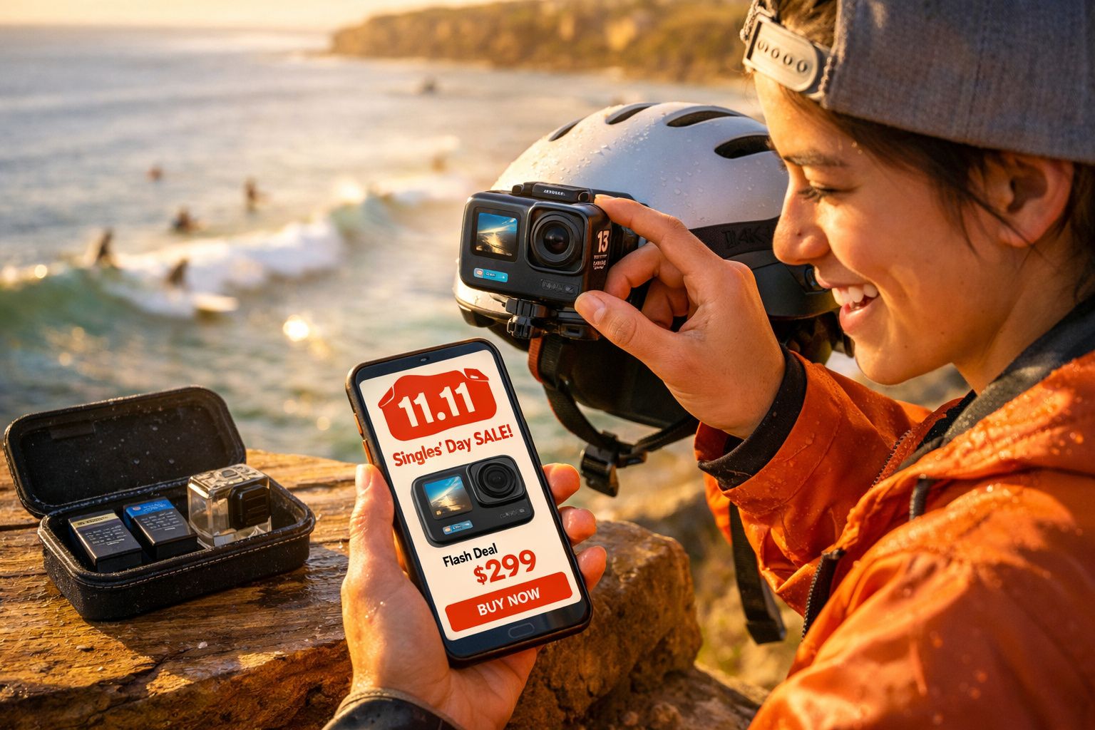 Pessoa segurando capacete com câmera de ação e celular mostrando promoção de câmera em venda online à beira-mar.
