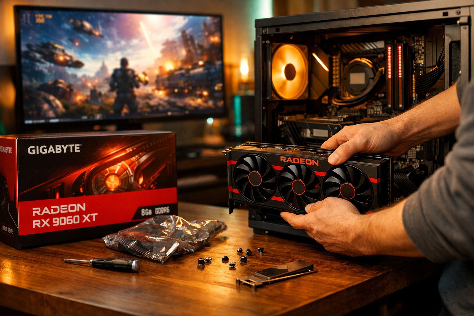 Mãos segurando placa de vídeo Radeon RX 9060 XT perto de gabinete aberto e caixa da placa.