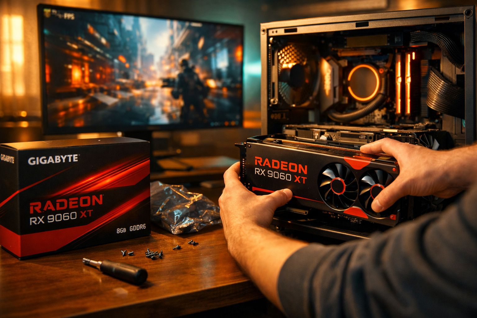 Pessoa instalando placa de vídeo Radeon RX 9060 XT em computador com caixa do produto e ferramentas na mesa.