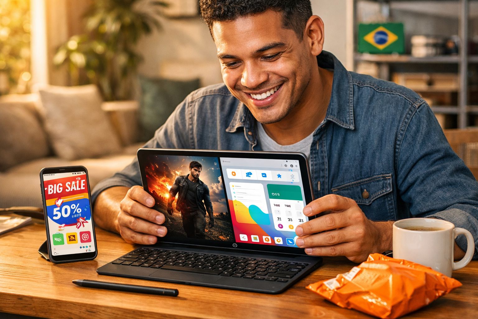Homem sorrindo usando tablet com tela dupla, celular com anúncio de promoção e café em mesa.