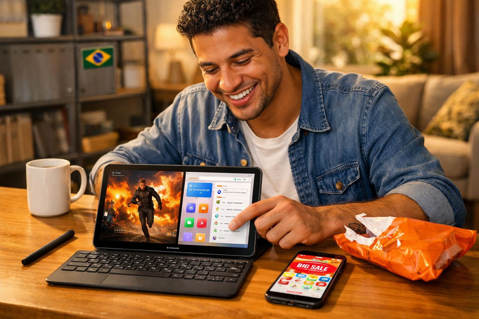 Homem sorridente usando tablet com jogo e aplicativos, ao lado de celular, pacote aberto de salgadinhos e caneca.