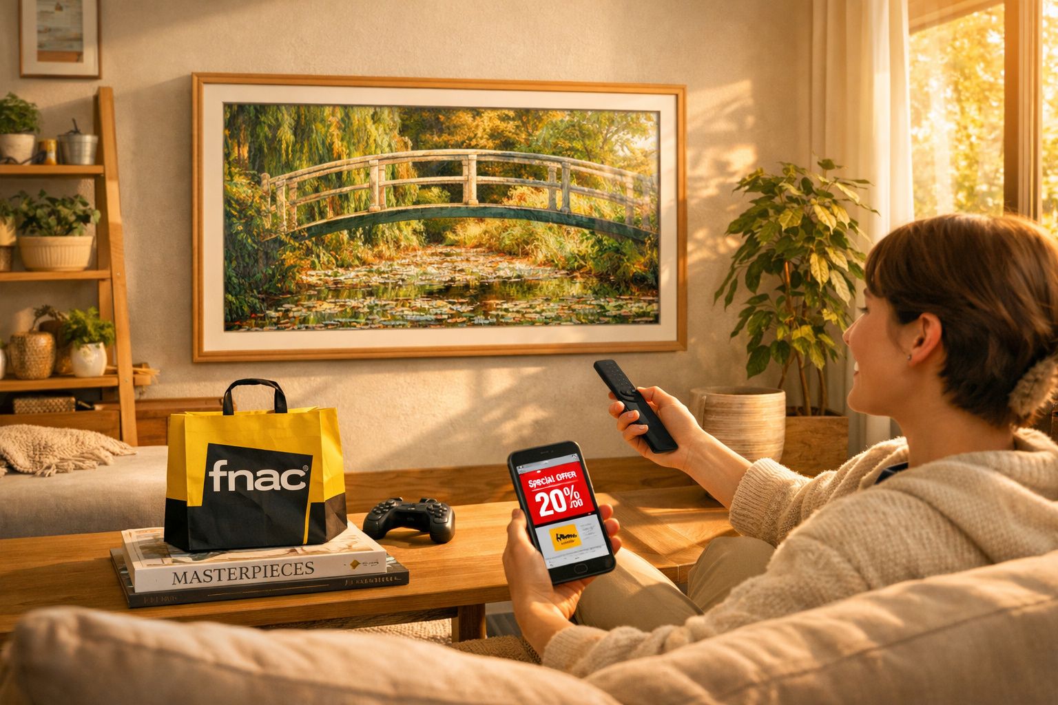 Pessoa segurando controle e celular com oferta, em sala com decoração aconchegante e quadro de ponte sobre lago.