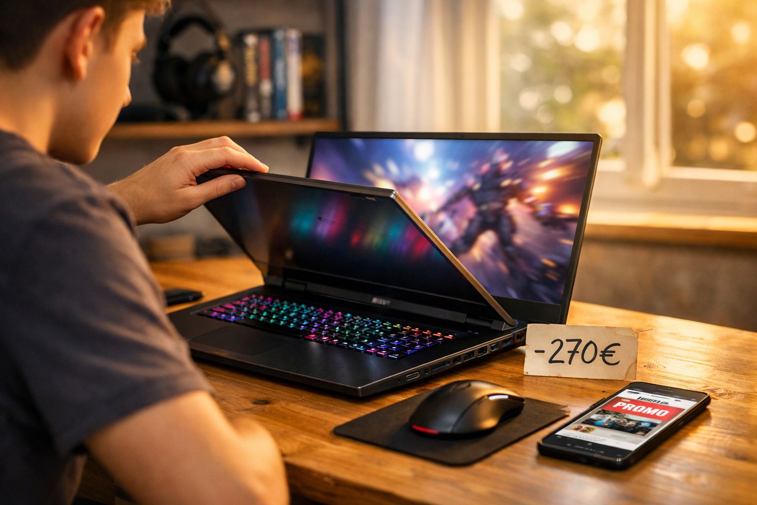 Pessoa fechando laptop com teclado iluminado, mouse ao lado e etiqueta de desconto de 270 euros na mesa.