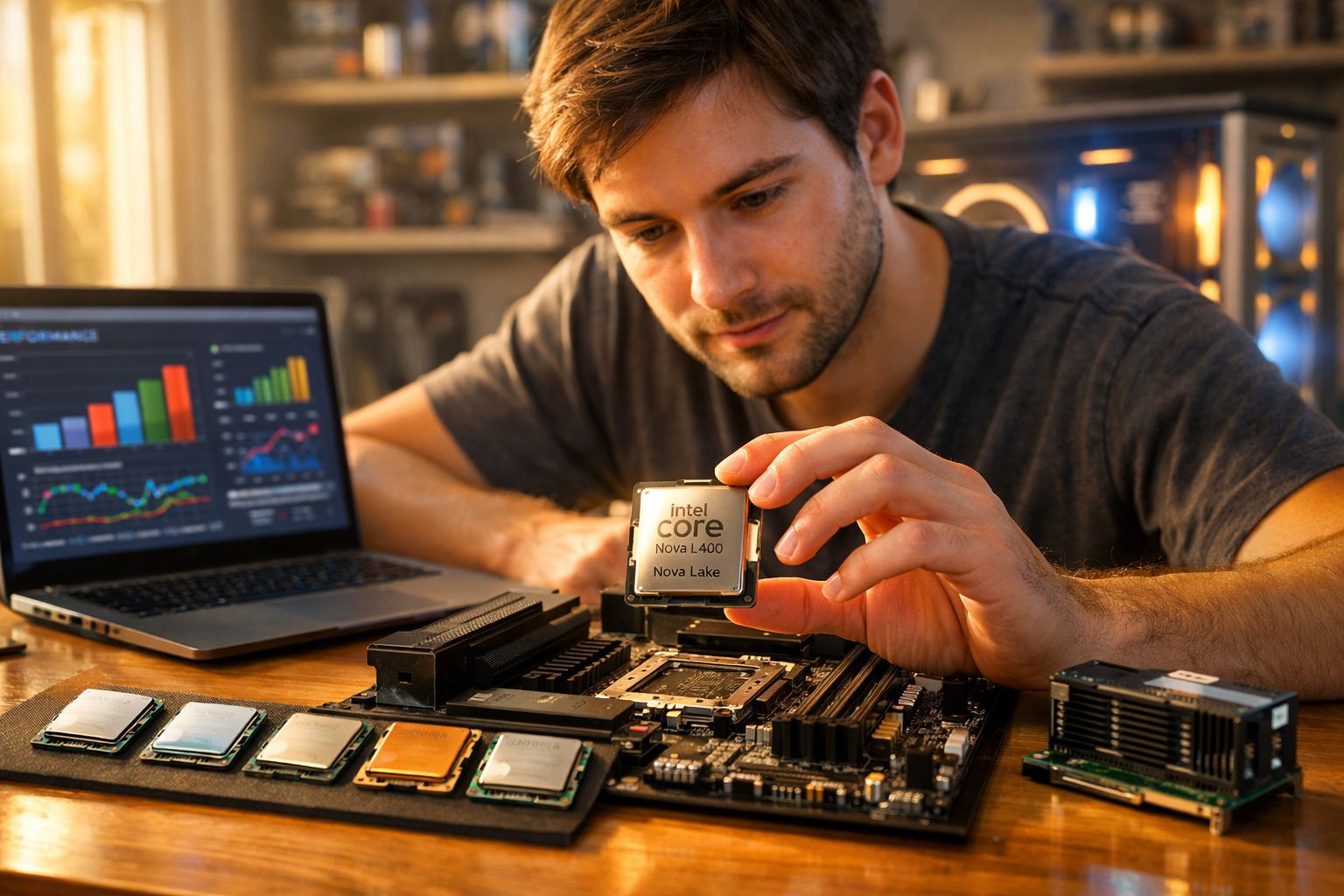 Homem instalando processador Intel Core Nova L400 em placa-mãe com laptop e outros chips na mesa.