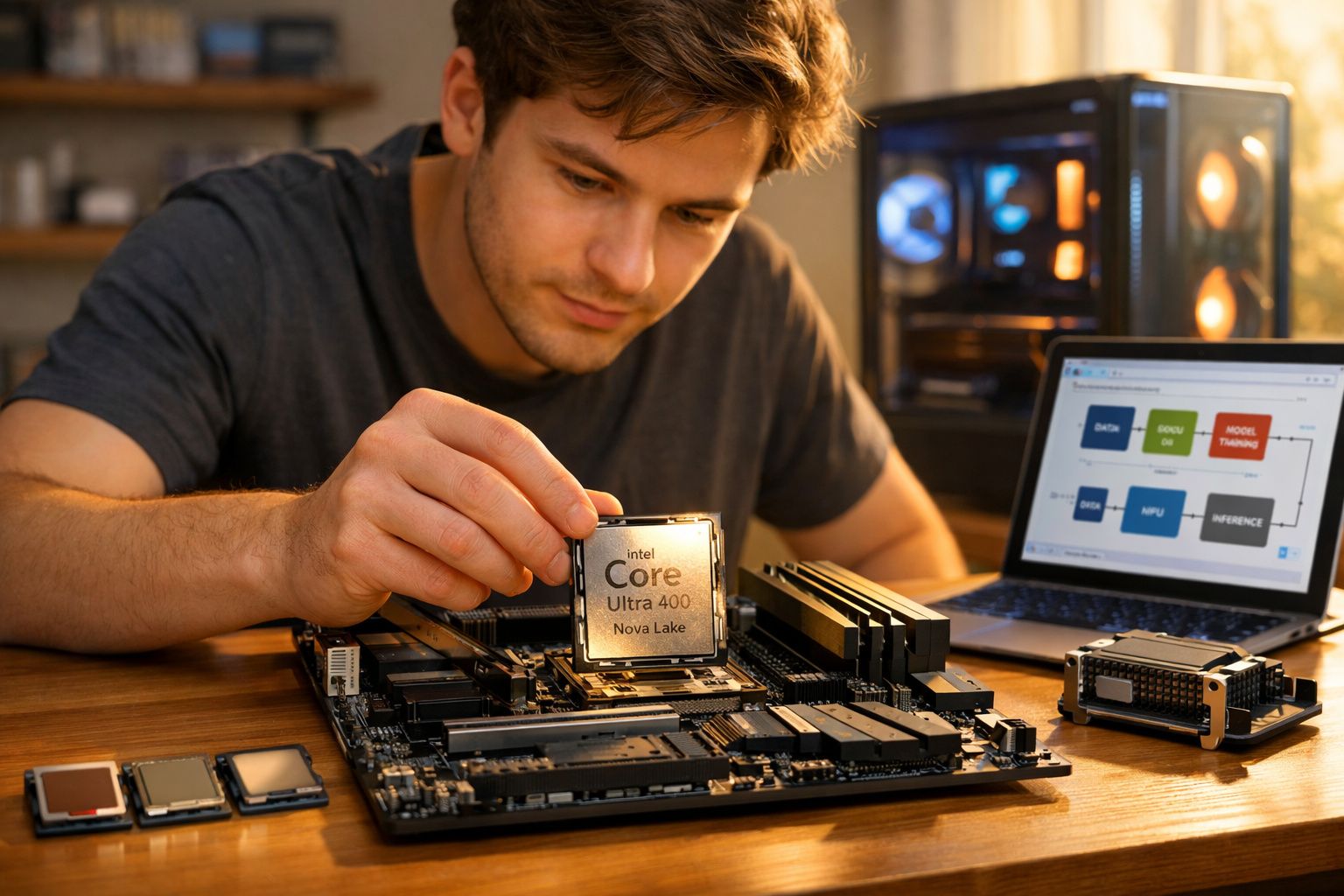 Homem instala processador Intel Core Ultra 400 Nova Lake em placa-mãe com laptop ao fundo exibindo diagrama.