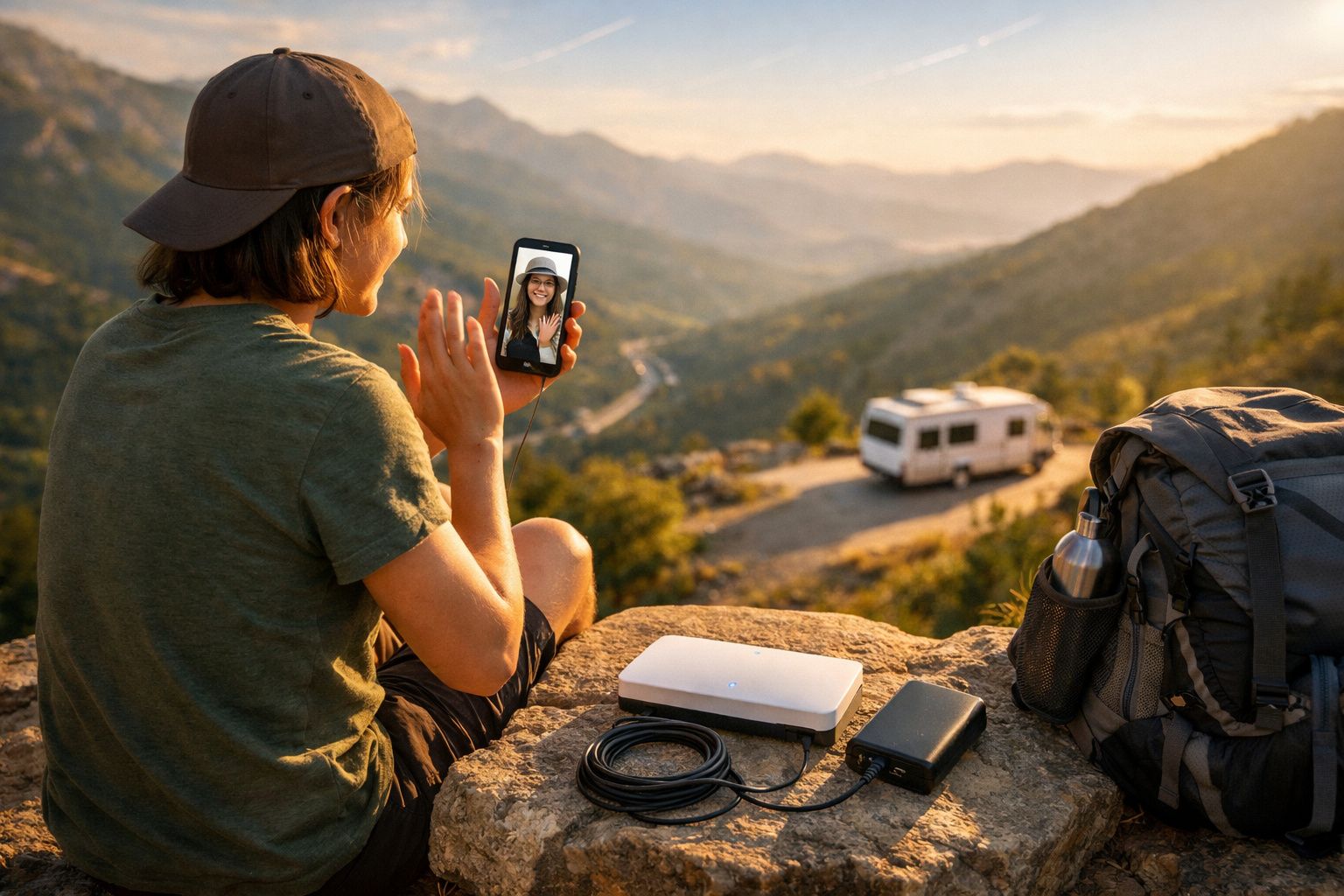 Pessoa faz chamada de vídeo em celular sentado em pedra com mochila, viagem de trailer e montanhas ao fundo.