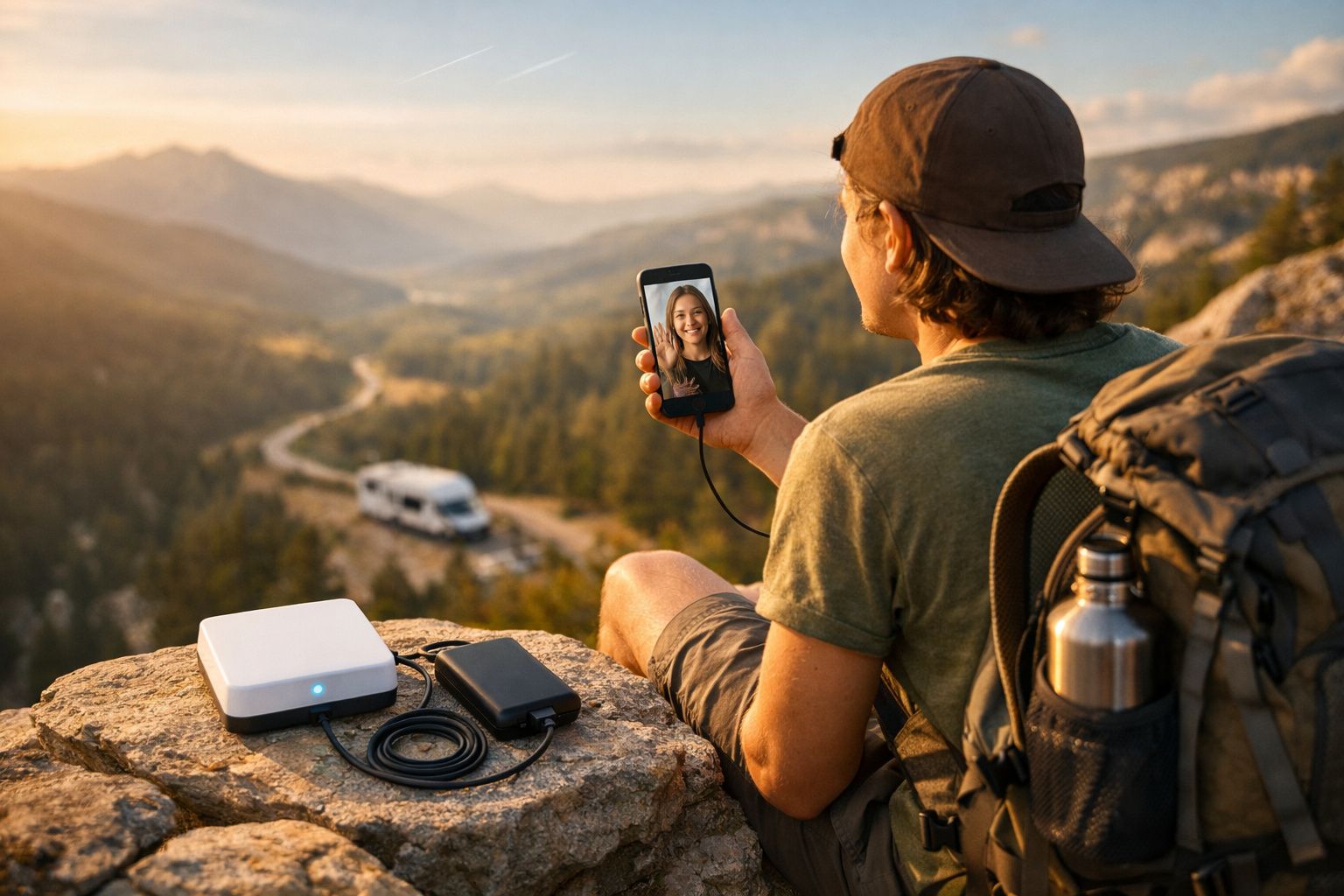 Homem faz videochamada no celular durante trilha com mochila e paisagem montanhosa ao pôr do sol.