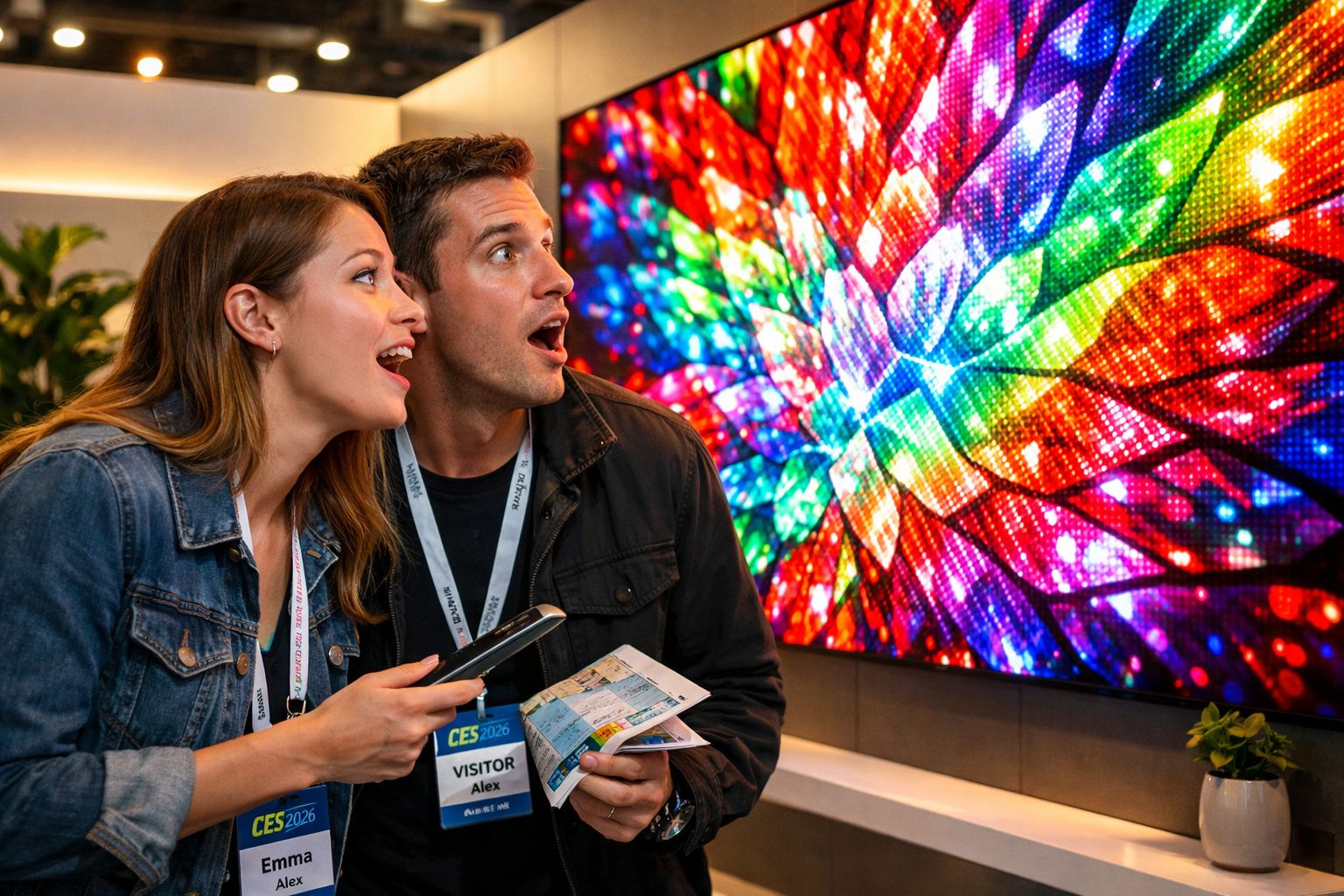 Casal surpreendido olhando para tela vibrante colorida em exposição tecnológica CES 2026.