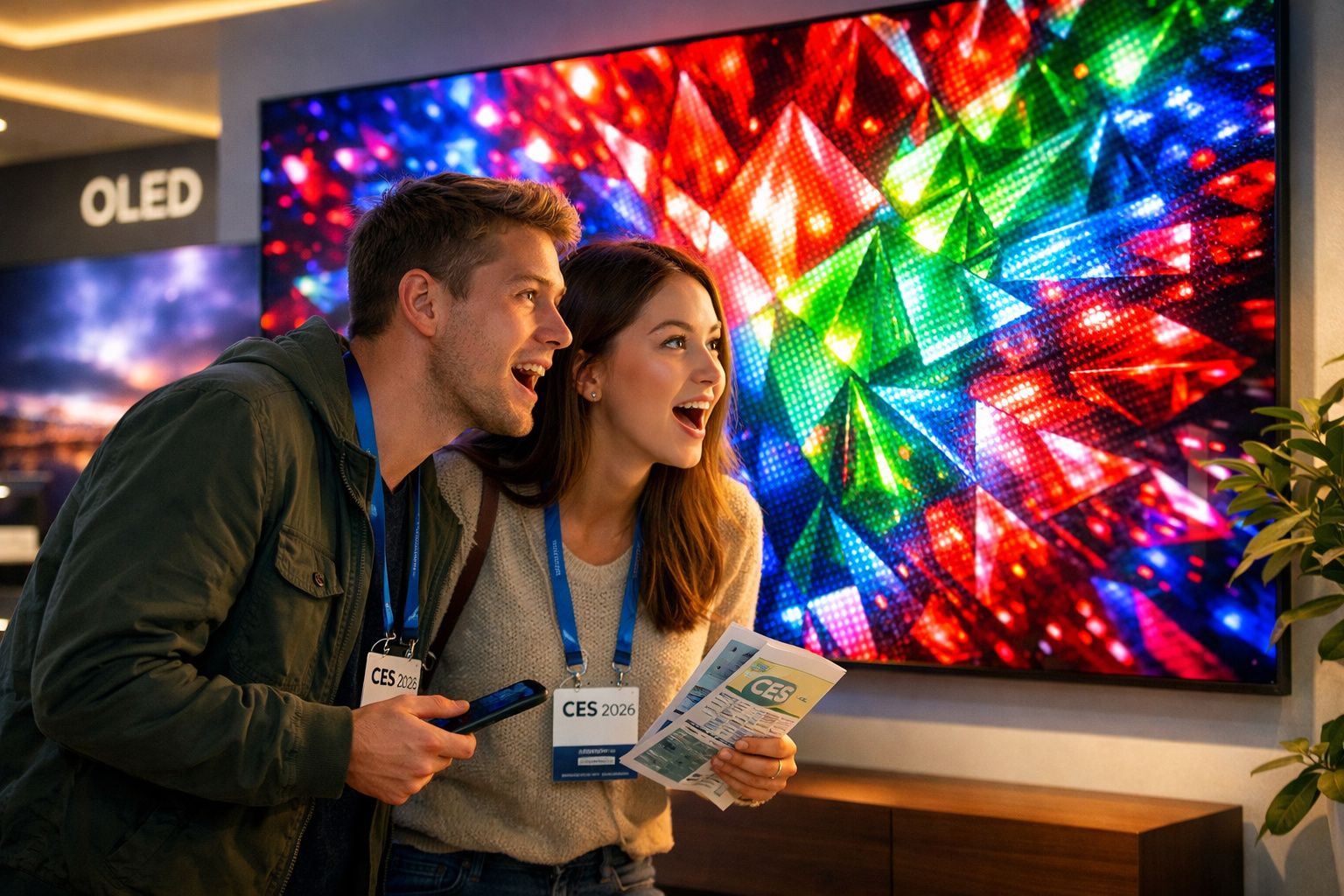 Casal emocionado observa TV OLED colorida em evento CES 2026, segurando ingresso e controle remoto.