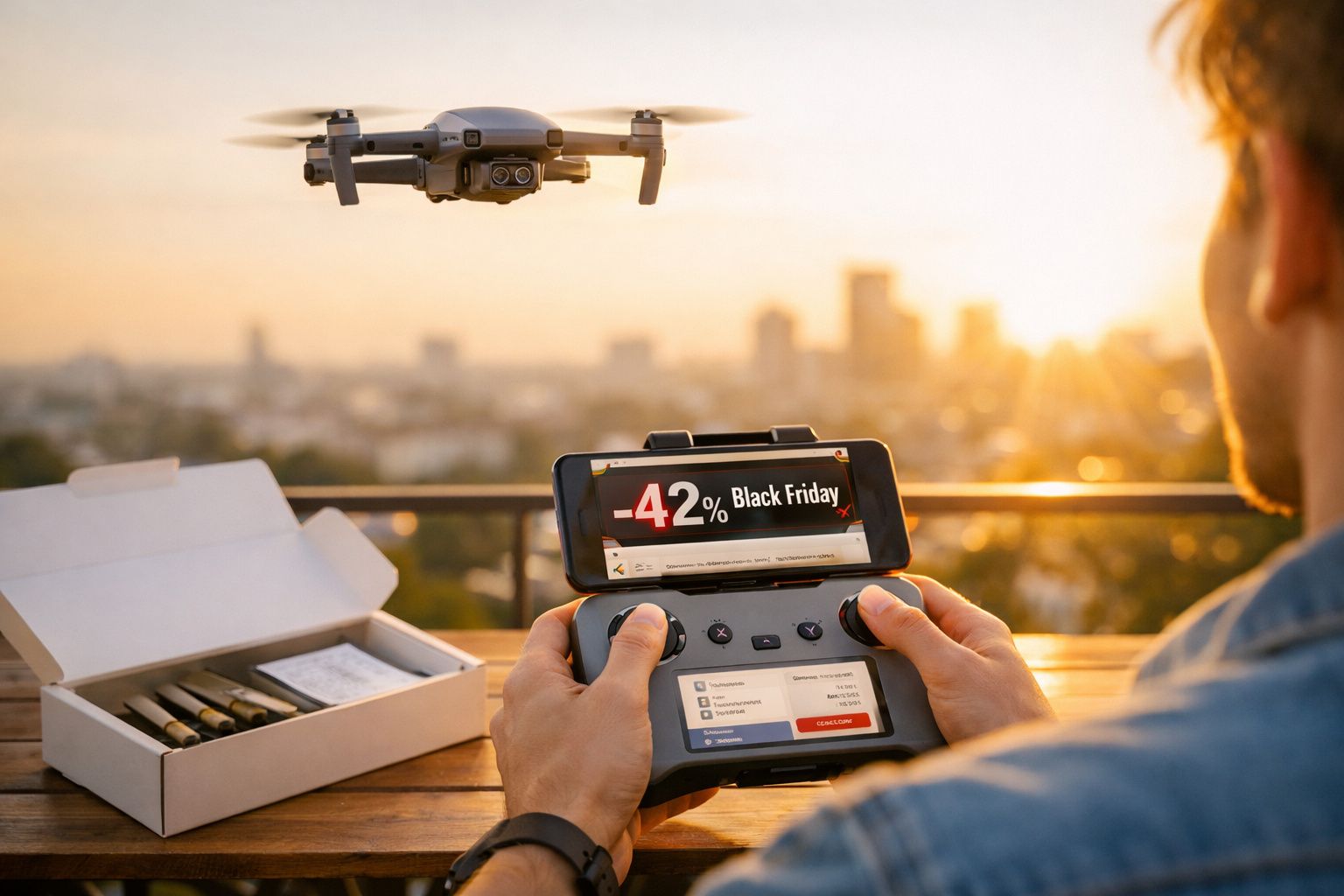 Pessoa controlando drone com controle remoto que exibe promoção de Black Friday com 42% de desconto ao pôr do sol.