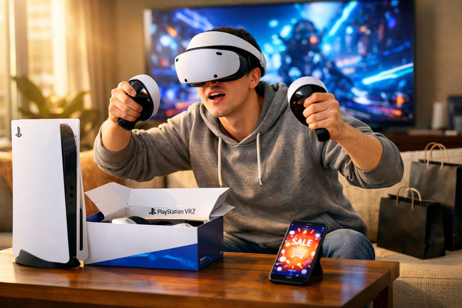 Jovem usando óculos de realidade virtual e controles PlayStation VR2, com console e caixa na mesa.